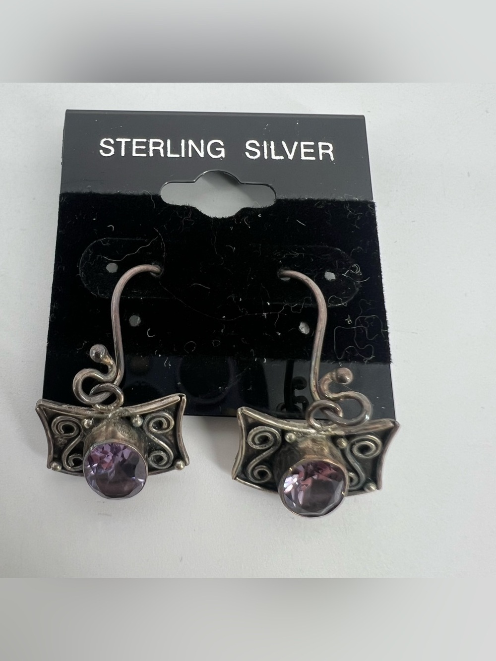 Sterling Silver Amethyst Modernist Dangle Earrings Swirl Filigree 925